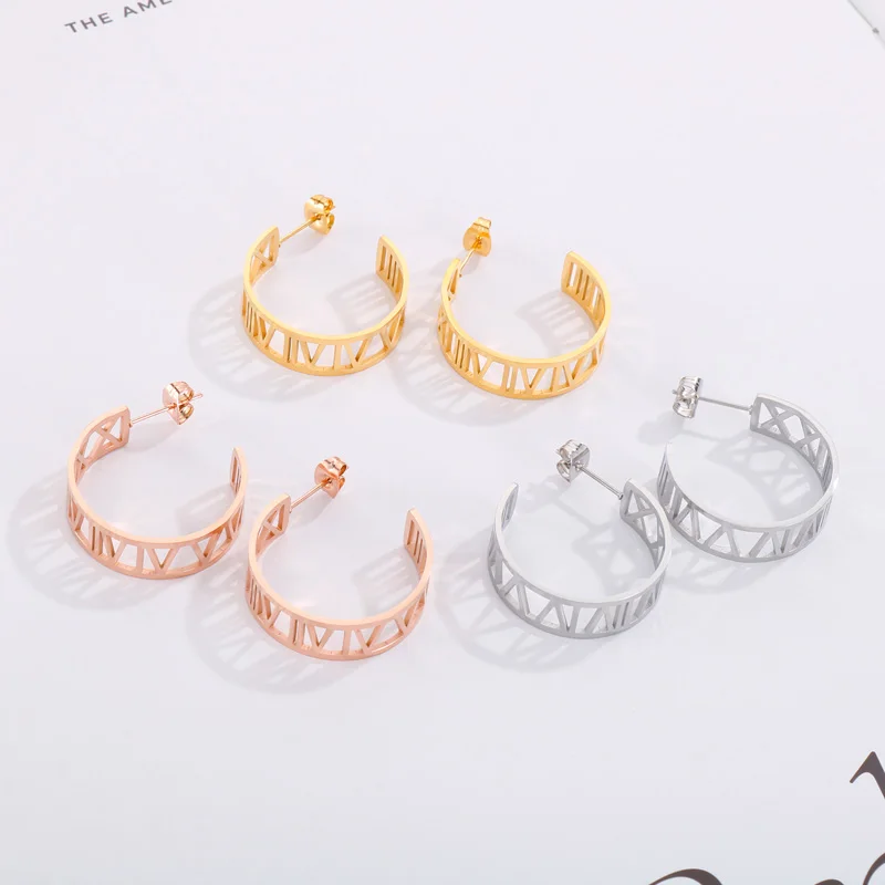

Elegant C Shape Stud Earrings For Women Stainless Steel Gold Silver Rose-gold Color Roman Numerals Eardrop Female Luxury Jewelry