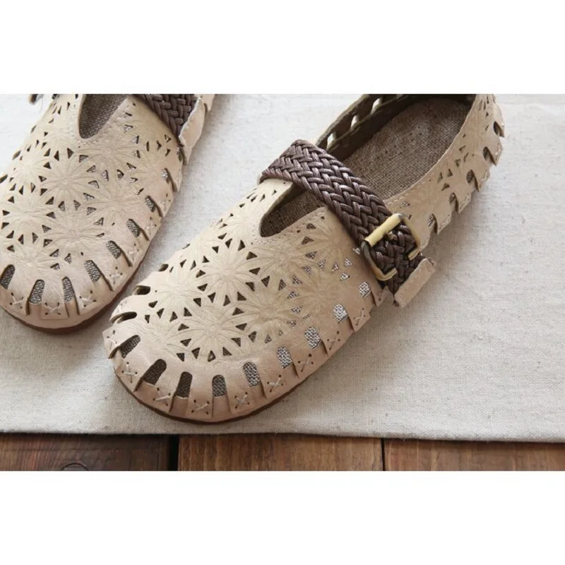 Hollow Out Ballet Flats Women's Leather Moccasins Wide Fit Shoes Ladies Round Toe Buckle Loafer Woman Chic Mary Jane Shoes 2023