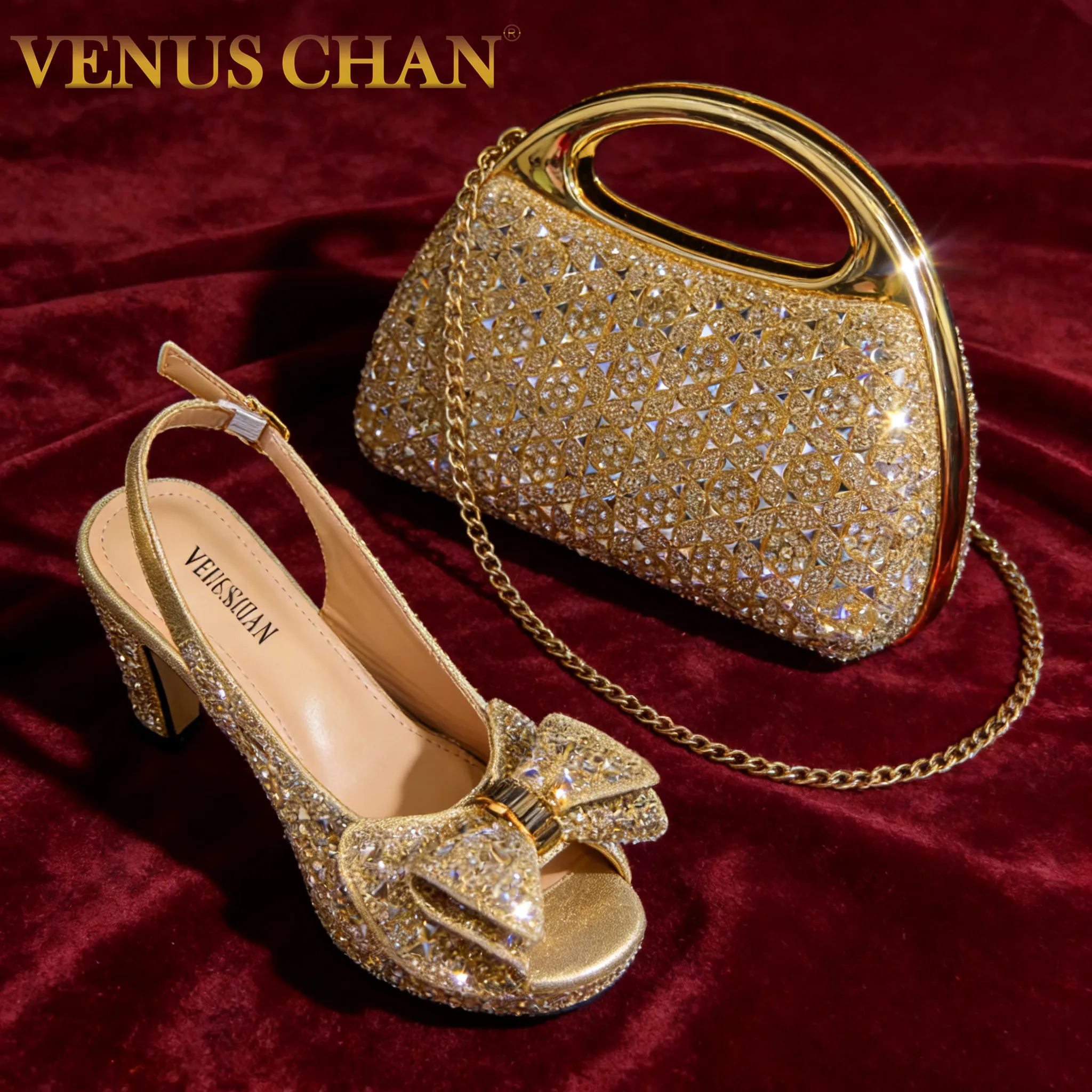 Venus Chan 2026 Women’s Italian Gold High Heels with Rhinestone Detail & Matching Bag Set - Stylish Pointed Toe Design