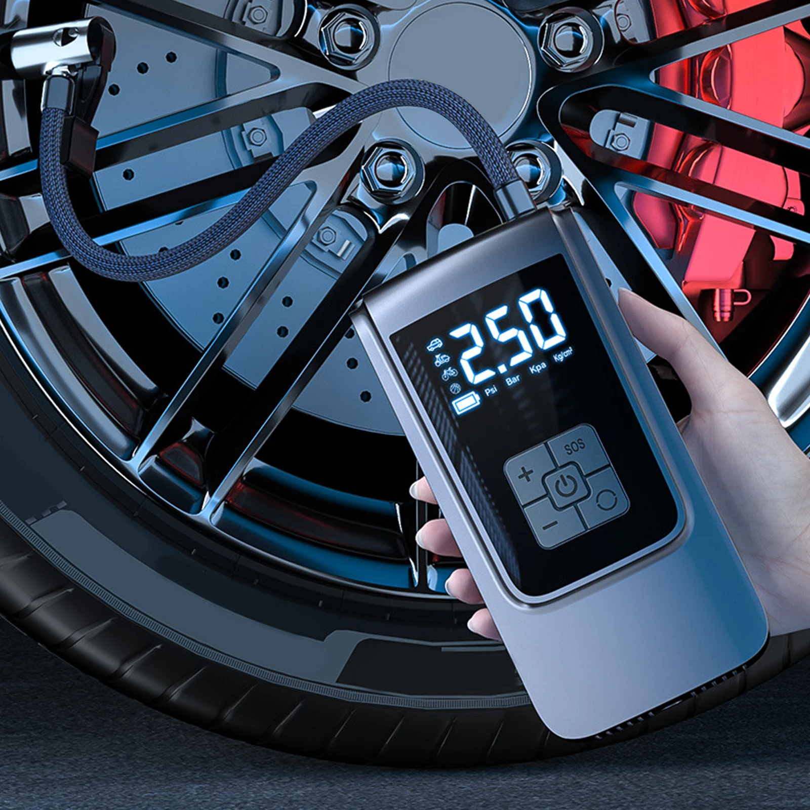 6000mah Rechargeable Mini Tire Pump With 4 Nozzles Digital Lcd Display Car Cordless Tire Inflator