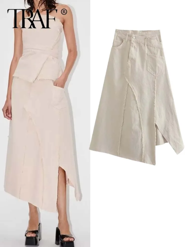 

TRAF 2023 Denim Long Skirts for Women Asymmetric Women's Skirt Frayed Mid Rise Summer Skirt Women Streetwear Midi Woman Skirts