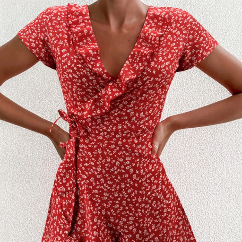 

2022 Summer Women’s A-Line Dress Sweet Elegant Floral Ruffles V-neck Bandage Short Dress for Lady Chic Flowers Mini Dress