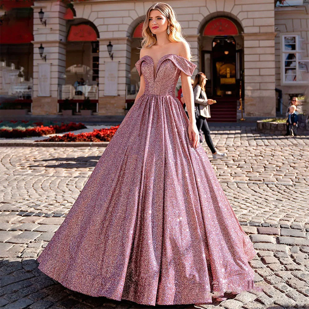 

Luxury Ladies Elegant Pink Prom Dresses Simple Sparkling Sequin Off Shoulder Party Dress Deep V Neck A Line Formal Evening Gowns