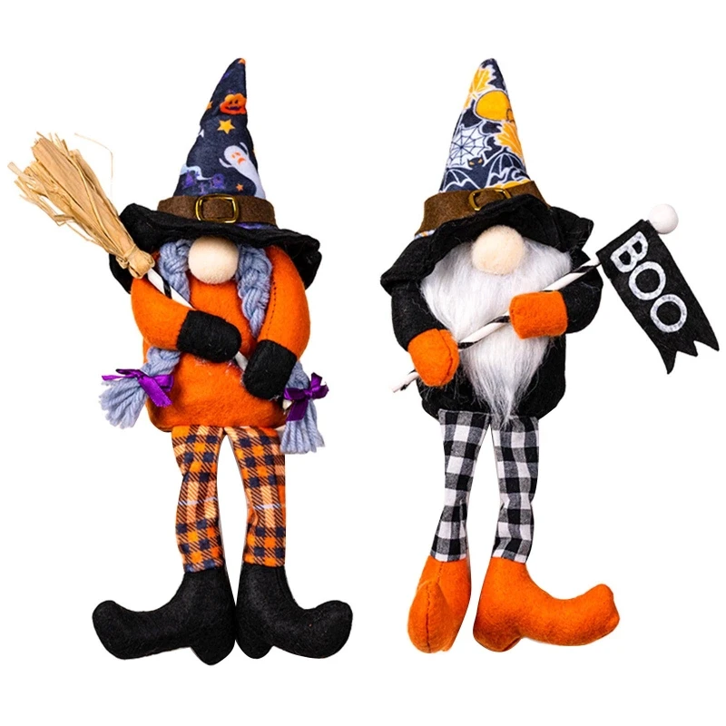 

Halloween Witch Gnome Long Leg Holding Broom Flag Elf Dwarf Ornament for thanksgiving Farmhouse Kitchen Tiered Tray 53CA