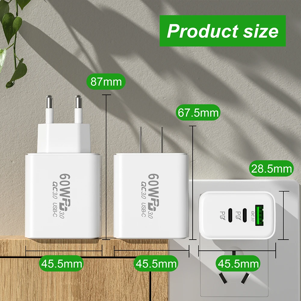 60W USB Type C Charger Quick Charge 3.0 Mobile Phone 3Ports Wall Fast PD Charger Adapter For iPhone 14 13 Samsung Xiaomi Poco f3 images - 6