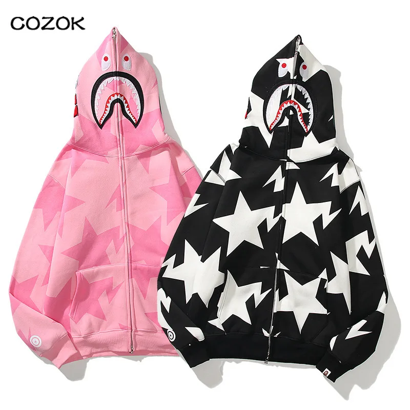 

100% cotton with high quality fleece Printed Women's and Men's Casual Bape Hooded Fleece Full Zipper Streetwear Couple Clothes