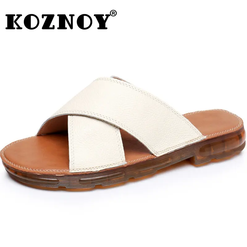 

Koznoy 1.5cm Peep Toe Cow Genuine Leather Luxury Slippers Women Shoes Loafers Flat Comfy Oxfords Fashion Elegance Summer Slip On