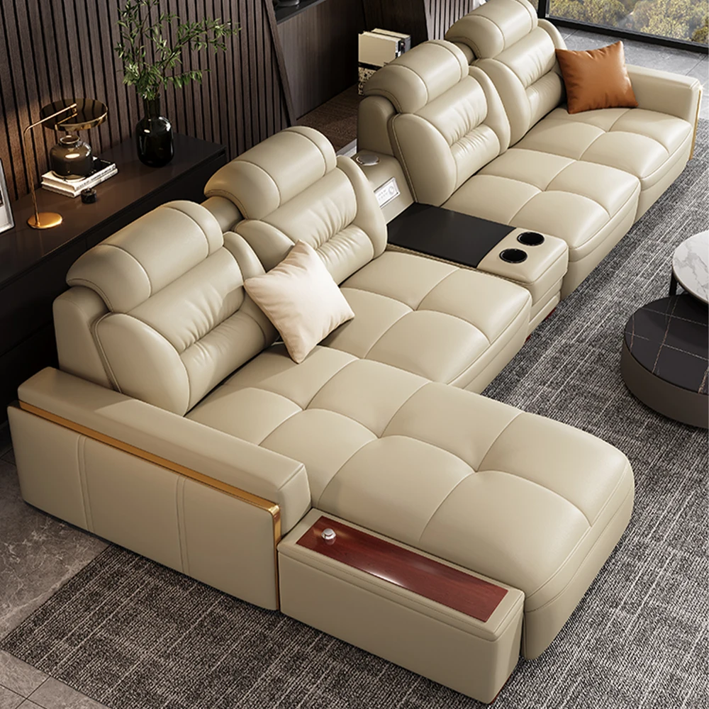 

Premium Italian Genuine Leather Sectional Sofa Sets Couch Sofas with USB and Bluetooth Speaker - MINGDIBAO Living Room Furniture