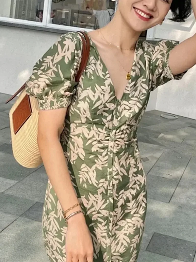 

Women's Retro Printing High Waist Dress 2022 Summer new V-neck Single Breasted Simple Female Mini Robe