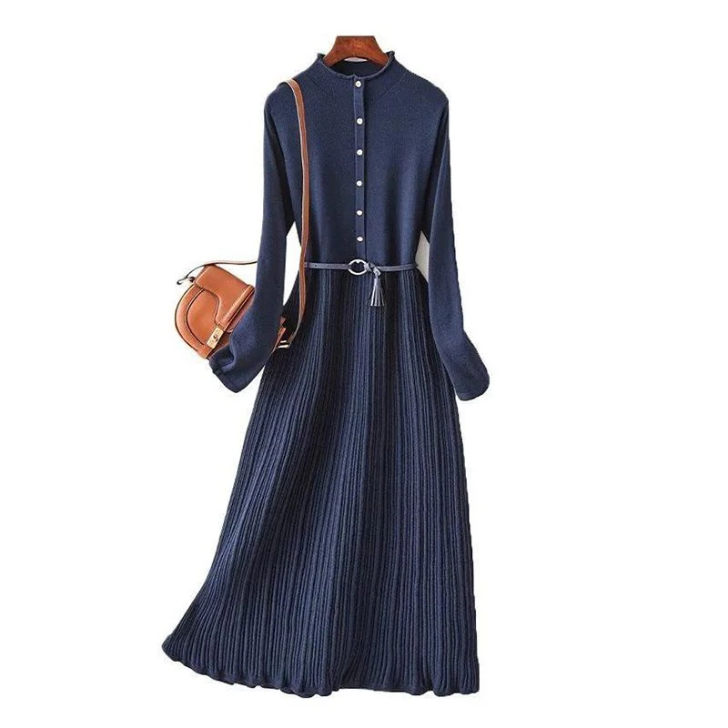 Navy Soild Casual High Waist Belt Knitted Women's Dress Long Sleeve Round Neck Elegant Calf-Length Dresses for Women E45