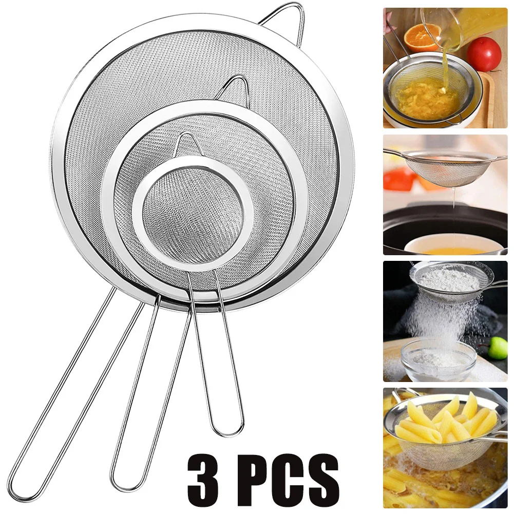 

3pcs/set Stainless Steel Wire Fine Mesh Oil Strainer Flour Colander Sieve Sifter Pastry Baking Tools Kitchen Accessories