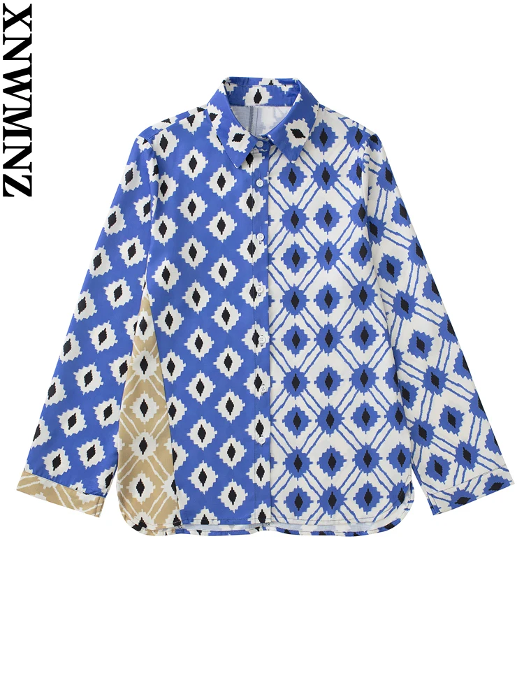 

XNWMNZ New Women 2022 Fashion Patchwork Printed Shirts Vintage Long Sleeve Button-up Female Blouses Chic Tops