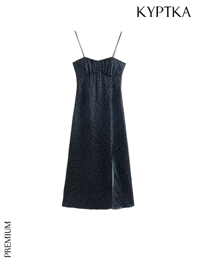 

Женское платье-миди в горошек KYPTKA, черное винтажное платье на молнии, с разрезом спереди и открытой спиной, на тонких бретельках,