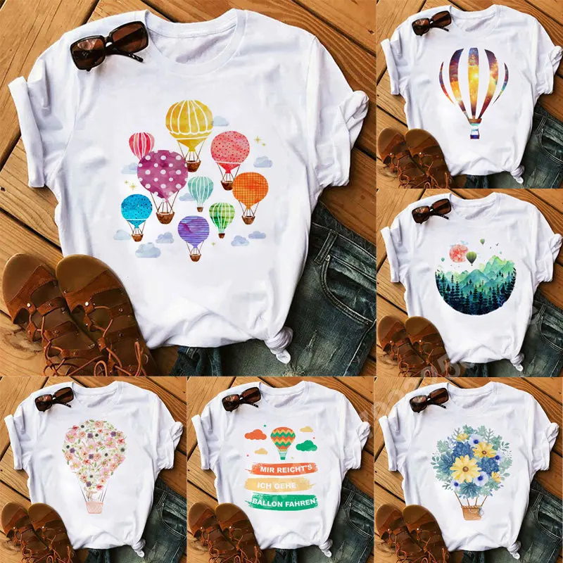 

Cute Flower Hot Air Balloon Print Women's T-Shirts Casual Short Sleeve Tops White Summer Harajuku Female Clothing Oversized Tees