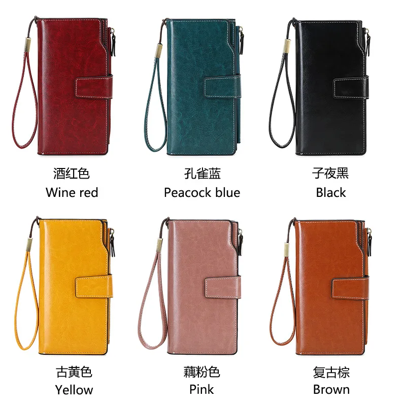 Rfidanti-theft Swiping Women's Wallet Long Oil Wax Leather Retro Wallet European And American Large-capacity Handbag Coin Purse
