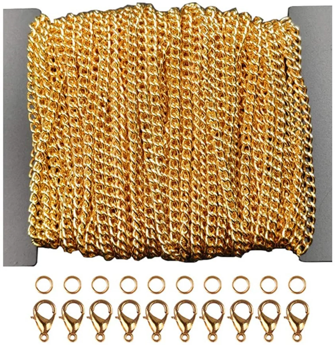 

39 foot chain necklace bulk cable, 2.5mm wide, with 30 lobster clasps and 100 snap rings for jewelry making, gold