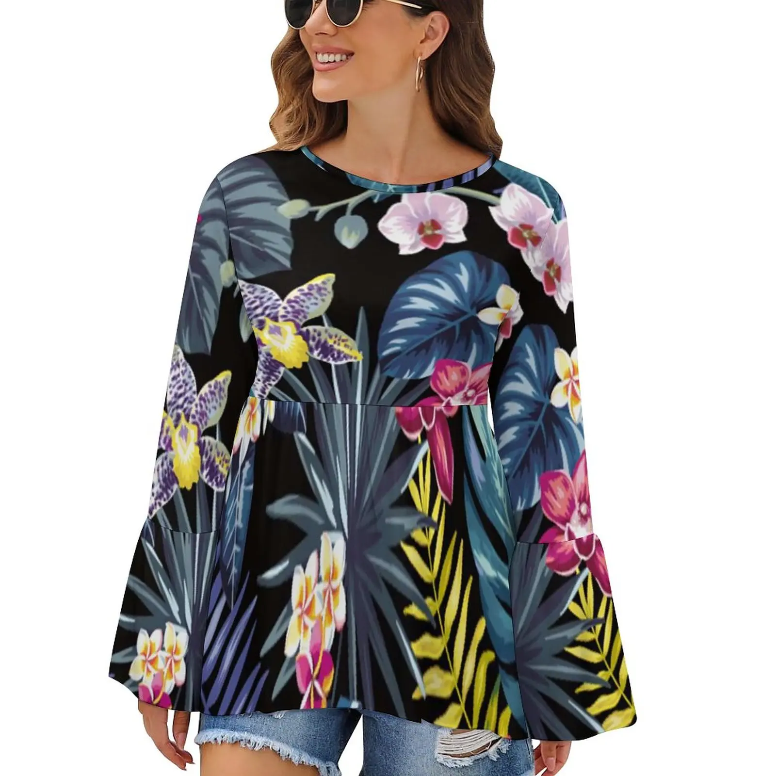 

Palm Leaves T-Shirt Jungle Flowers Print Casual Long Sleeve T-Shirts Graphic Cute Tshirt Womens Day Tops Plus Size 3XL 4XL