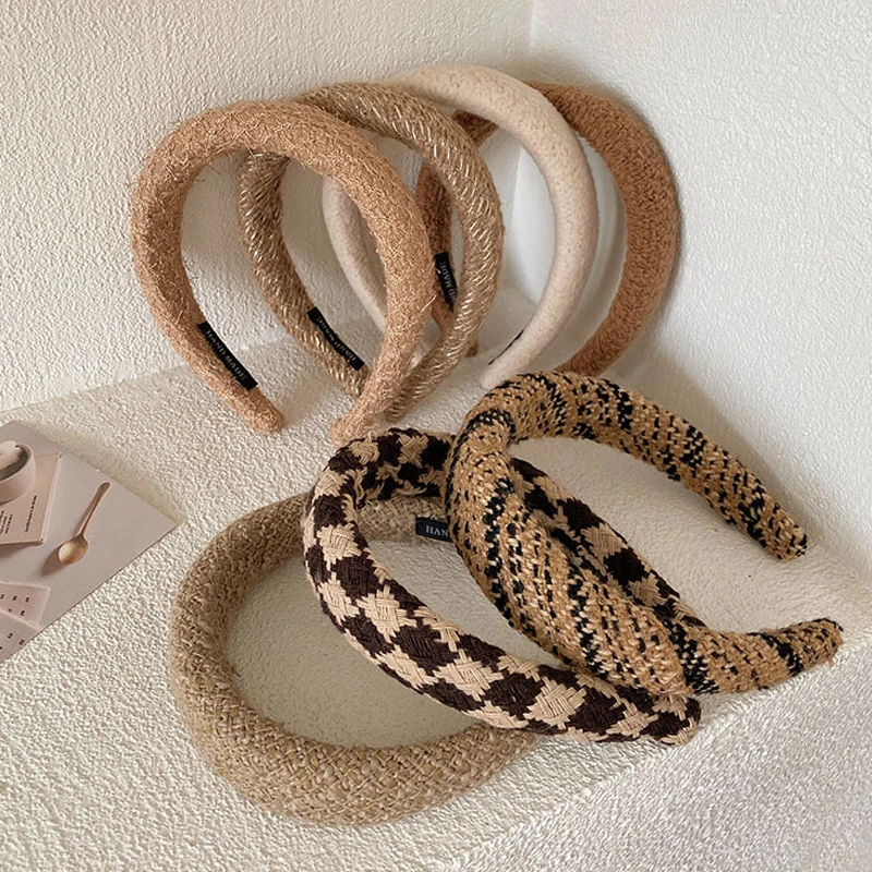 

Knitting Plaid Hair Hoop Milk Coffee Color Wide Head Hoop Sponge Warm Padded Hairband Hair Accessories Brown Tweed Headbands