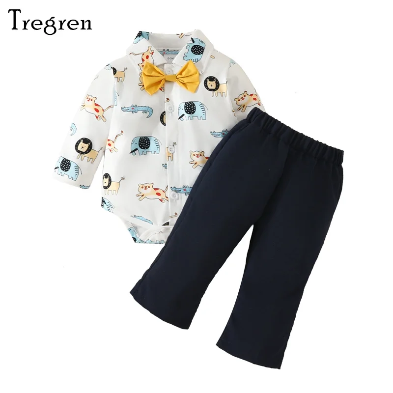 

Костюм Джентльмена Tregren для мальчиков 0-18 месяцев, рубашка с длинным рукавом и галстуком-бабочкой с принтом животных и штаны, комплект из 2 предметов, весна-осень