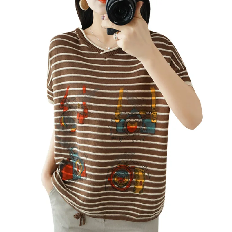 

Хлопковая женская футболка с капюшоном, новая летняя одежда, винтажный Свободный вязаный женский пуловер, футболки для отдыха с принтом и к...