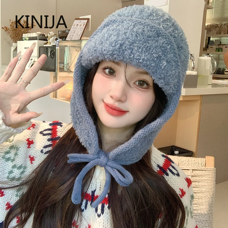 Женская Зимняя Термошапка-бини Вязаная Одноцветная Теплая Защитная Шапка С