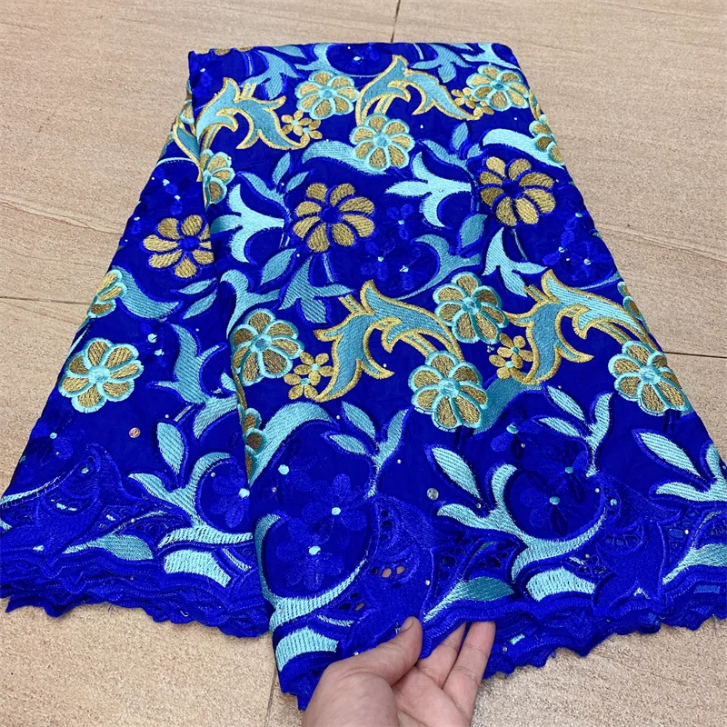 

5 Yard Swiss Fabric Latest Heavy Beaded Embroidery African 100% Cotton Voile Lace Popular 2022Dubai Style For wedding Party 13L