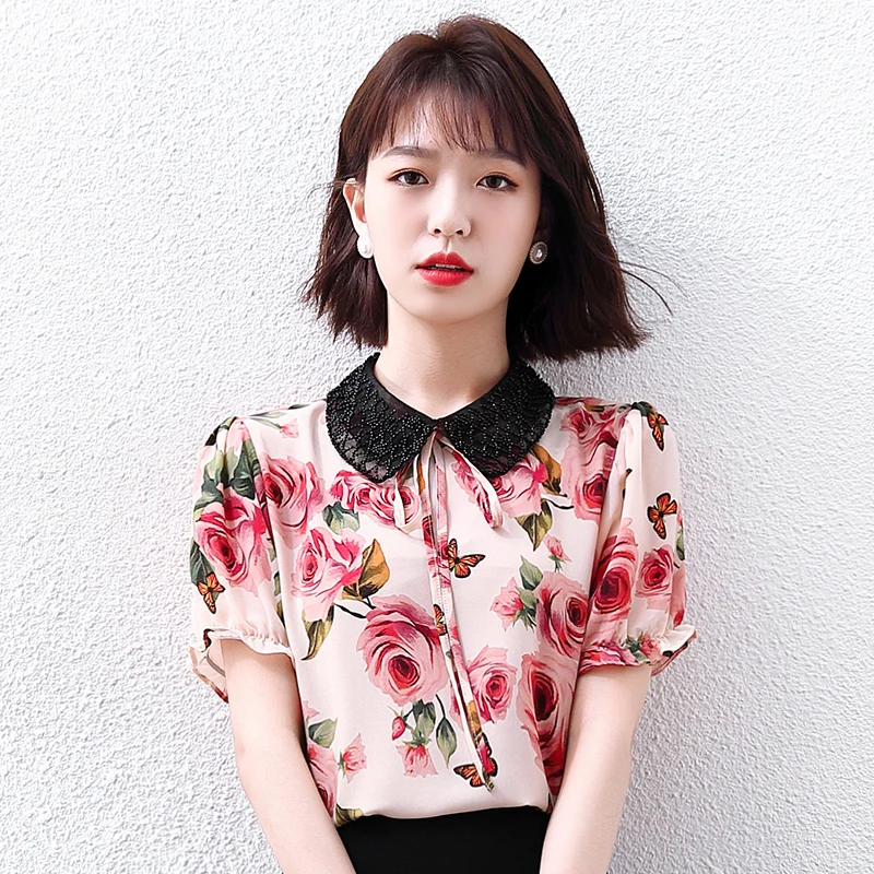 

Summer Blouse Short Sleeve Top Korean Fashion Lapel Chiffon Casual Printing Straight Female Clothing Houthion