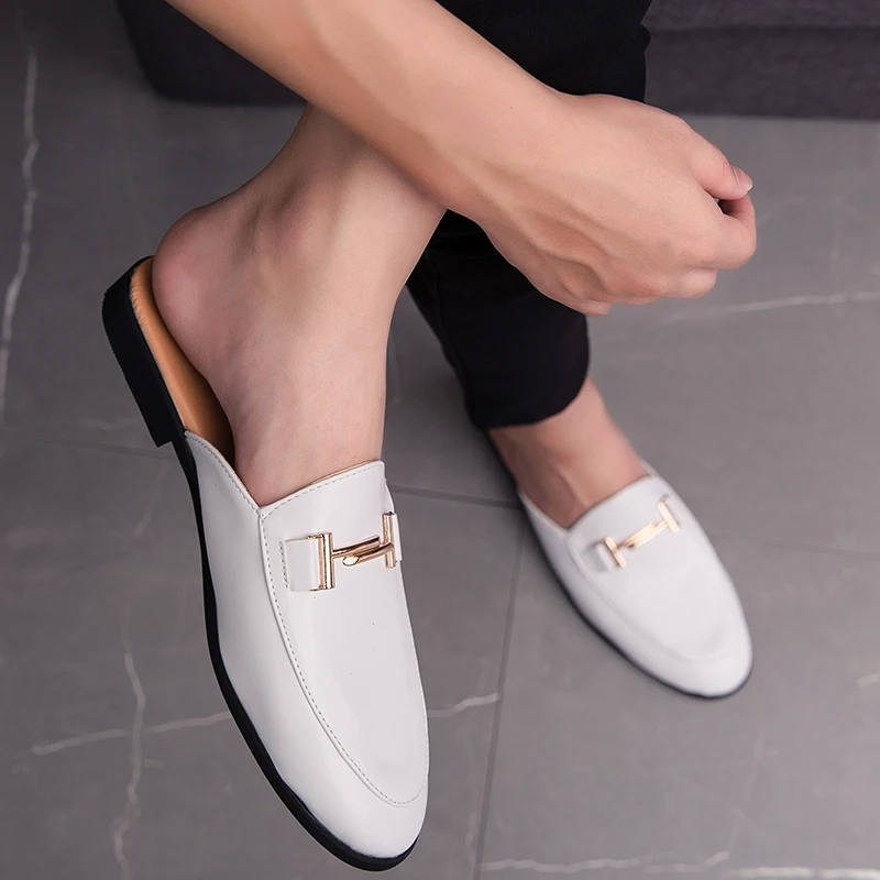 2022 High Quality Leather Men Shoes Classic Mules Non-slip Half Shoes Summer White Moccasins