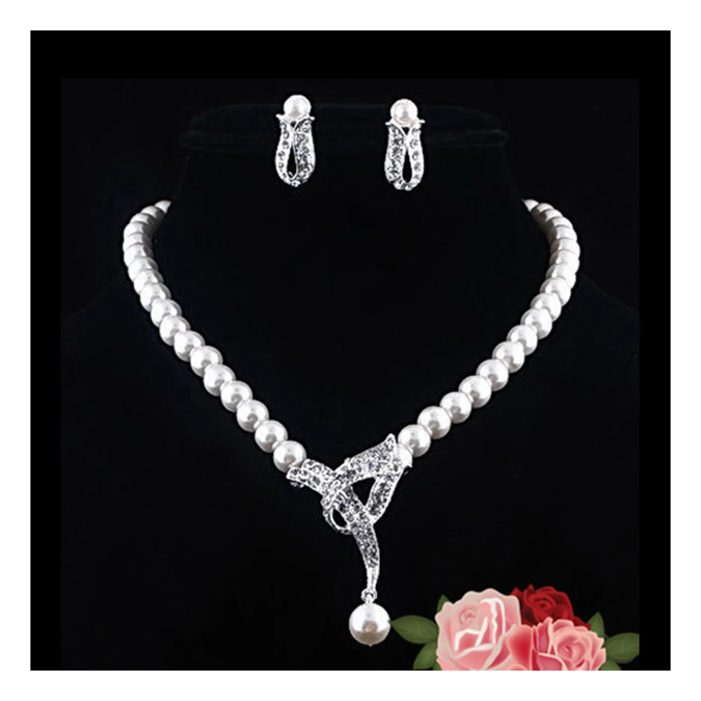 

Women Necklace Earring Set Alloy Crystal Inlay Faux Pearl Jewelry Suit For Brides