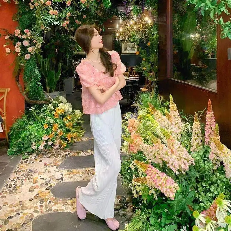 

2022 Summer Women Fashion 2 Piece Sets Female Square Collar Short Shirt Tops + High Waist Loose Trousers Ladies Suits O113