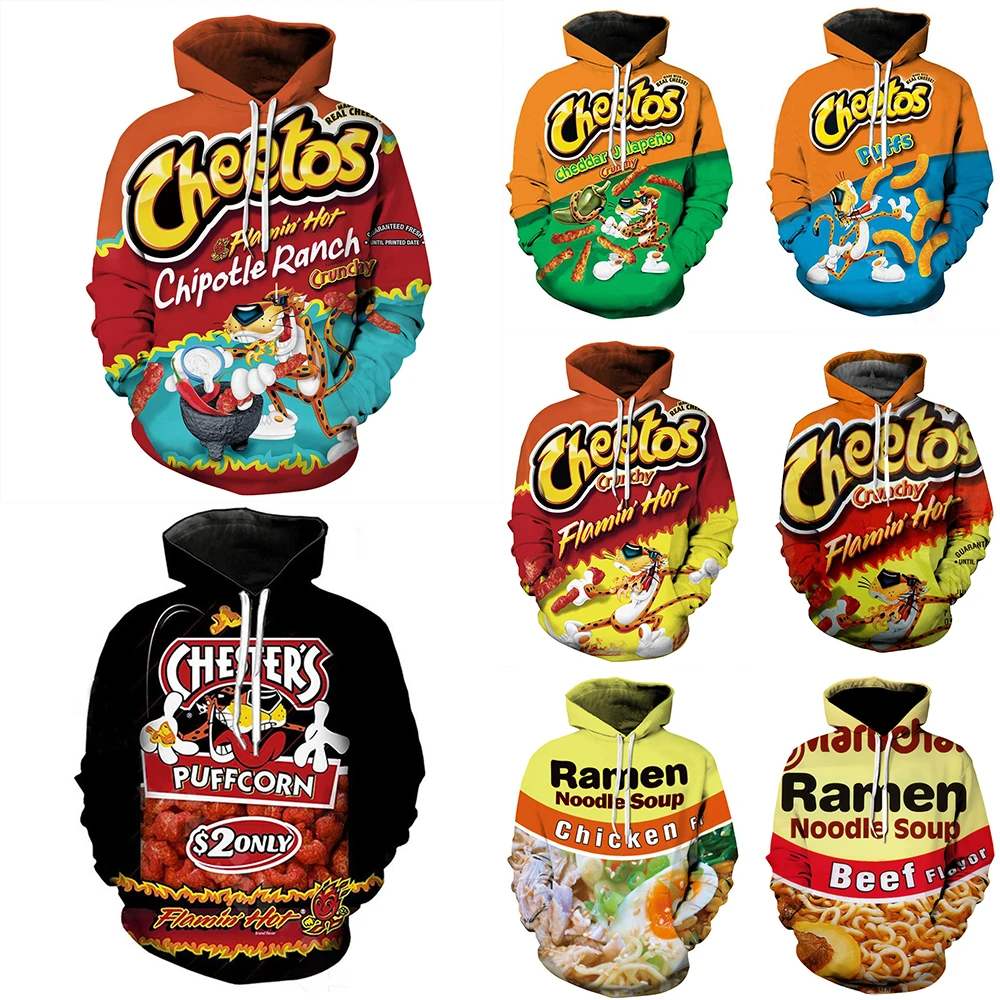 

2021 spring and autumn interesting Cheetos ramen noodle soup 3D printed sports hoodies men and women hooded sportswear pullovers