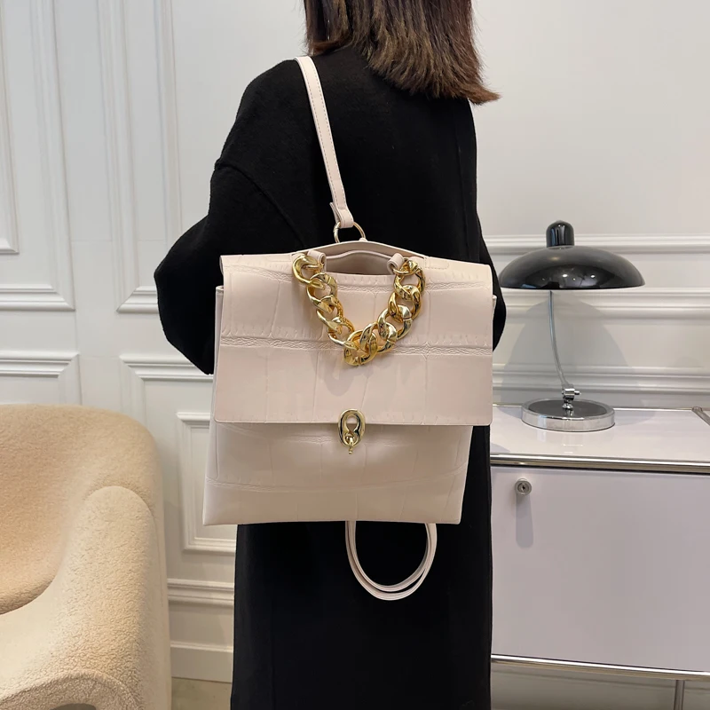 Stone Pattern Pu Leather Women Backpack Girls High Quality Female Chain Fashion Travel Backpacks Double Shoulder Bags Mochilas