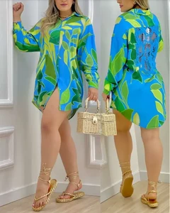 Womens Wear, Sexy, Mini Skirt, Plant Print, Contrast Lace Button Shirt, Dress, Lapel Shirt, Casual Womens Clothing