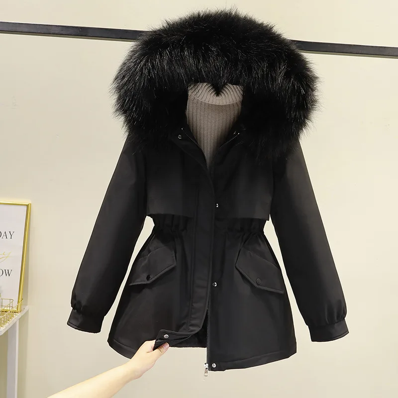 2022 Women Luxury Fur Hooded Coat Fashion Fur Lining Thick Winter Warm Parkas Female Casual Drawstring Collect Waist Overcoat