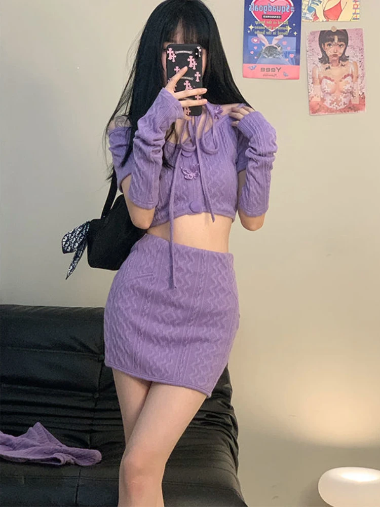 

Summer Purple Two Piece Skirt Set Women Sexy Patchwork Knitted Sweater Set Female Korean Fashion Kawaii Crop Top+mini Skirt 2022