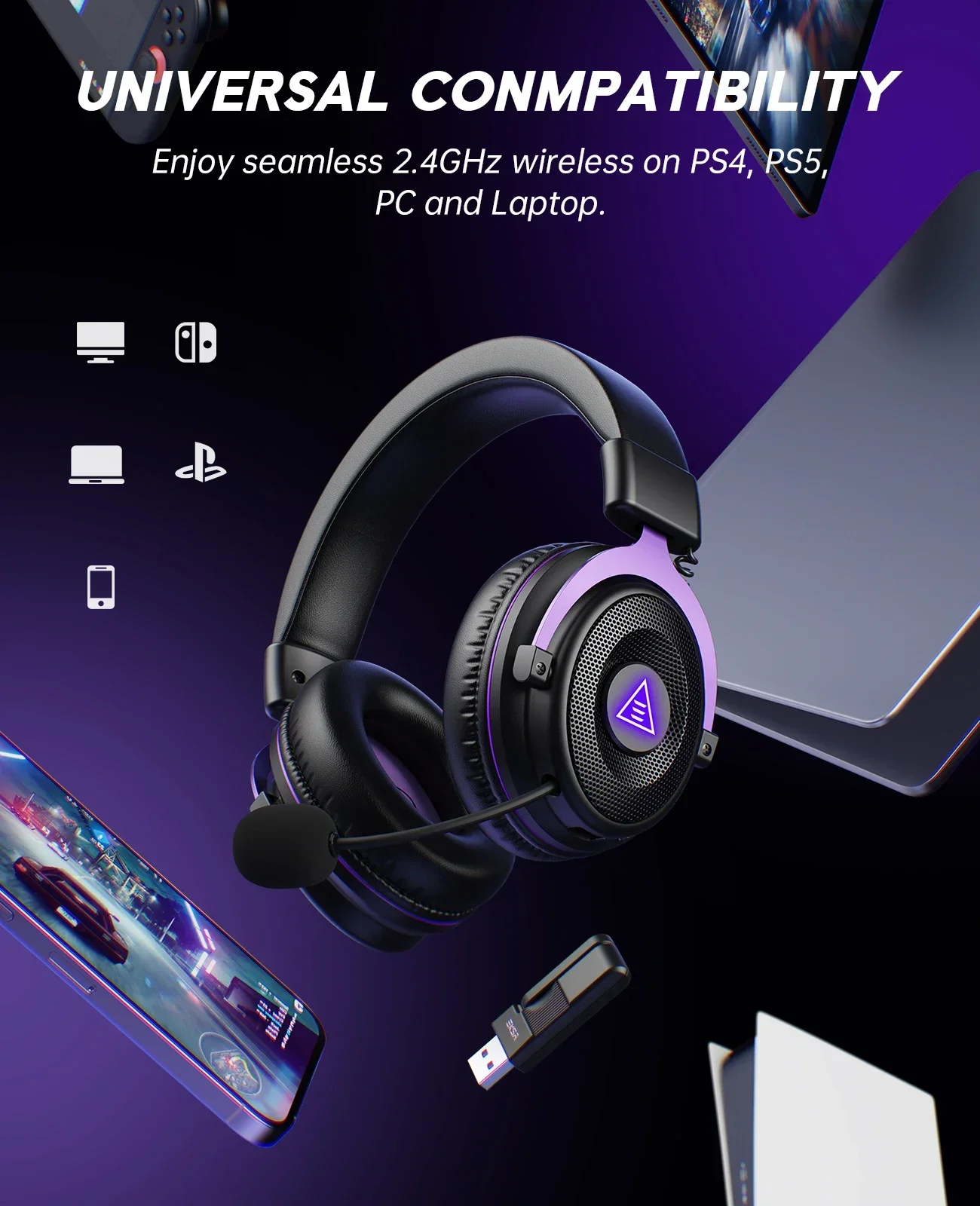 Беспроводная игровая гарнитура Oneodio EKSA E900 WT 2.4G, три режима подключения, накладные Bluetooth-наушники для геймеров с микрофоном и RGB-подсветкой для ПК, PS4, PS5, 80 часов работы (art.: 3920d7fe8b3cd) - 3920d7fe8b3cd