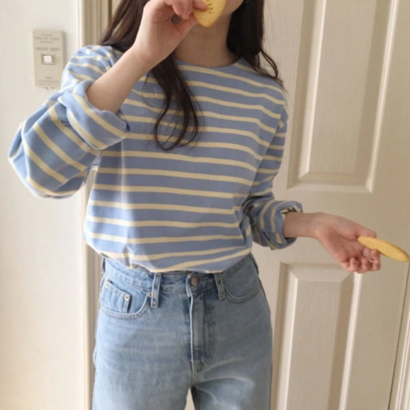 

Loose Striped Tshirt Women Autumn New Long Sleeve O-neck Korean All-match Basic Woman Tops Femme Tees T-shirts