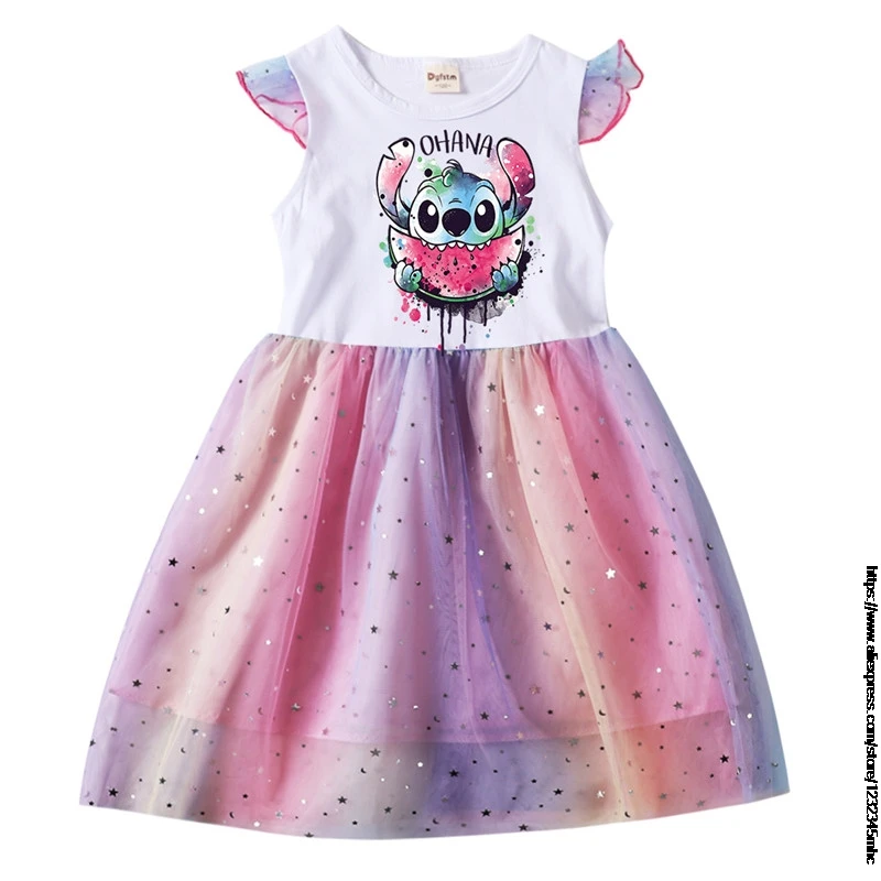 Летнее платье для девочек стиль Лило и Ститч лоскутного шитья радуга мультяшное