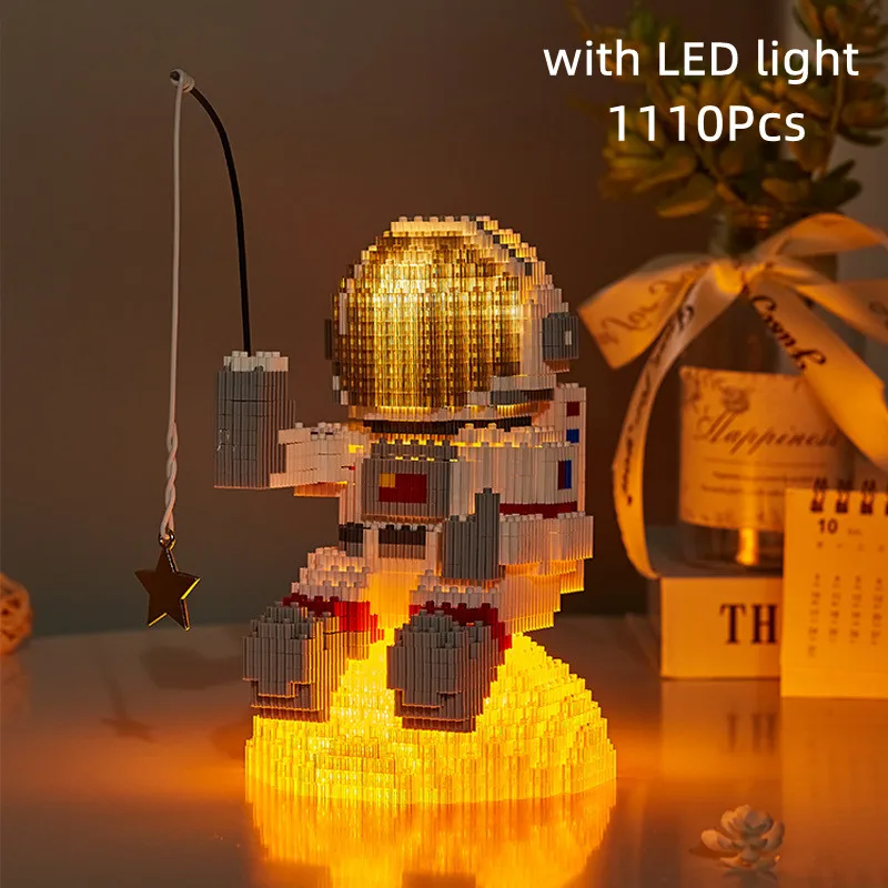 MOC Space Micro Building Blocks Spaceman Figures Astronaut with Display Box LED Light Diamond Mini Brick Toys for Kids Gifts
