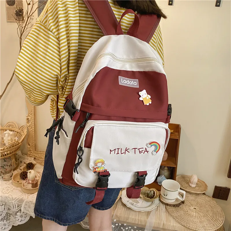 

Qyahlybz cute girls backpack 2022 contrast color korean campus schoolbag female harajuku fashion academic trend backpacks