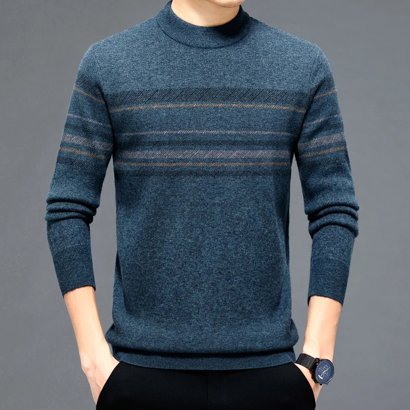 Men's Woolen Sweater High-End Pure Wool Winter Mock-Neck Stripes Sweater Thickened Warm Leisure Sweater