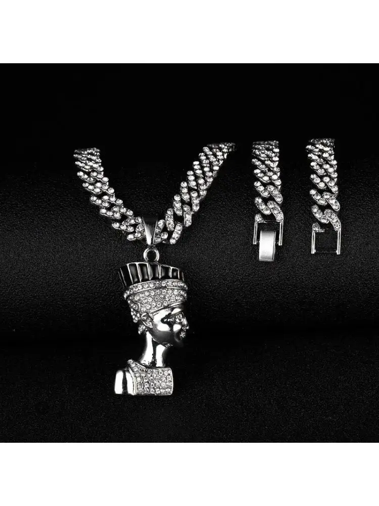 

Hip Hop Silver Color Egyptian Queen Nefertiti Pendant Necklace For Men Women Iced Out 1 Row Zirocon Tennis Chain Jewelry Gifts