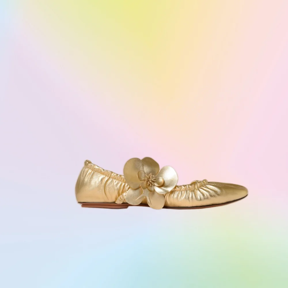 Женские туфли на плоской подошве туфли-лодочки с золотыми цветами без застежки
