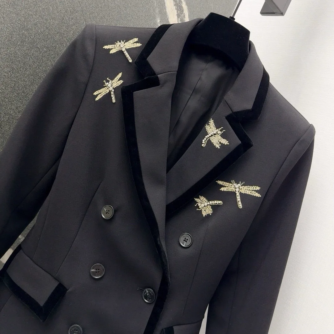 Женский новый роскошный однотонный черный блейзер с вышивкой двубортный пиджак