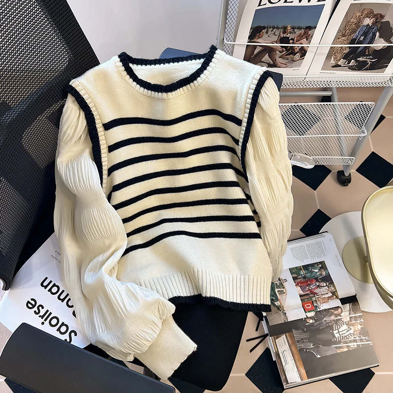

Women's Sweater Ladies Spring Autumn French Style Patchwork Fake-Two Pieces Puff Sleeve O-Neck Striped Sweet Knitting Tops