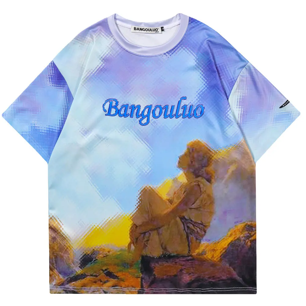 

T-shirt Men Pixel Painting Girl Polyester O-neck Top Men's Clothing 2022 Harajuku Casual Streetwear Hip Hop Oversized T-shirt