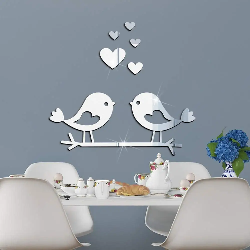 

3D Loving Birds Mirror Wall Sticker Love-shape Acrylic Wall Decal Waterproof Self-adhesive Wall Sticker for Valentine Day Decor