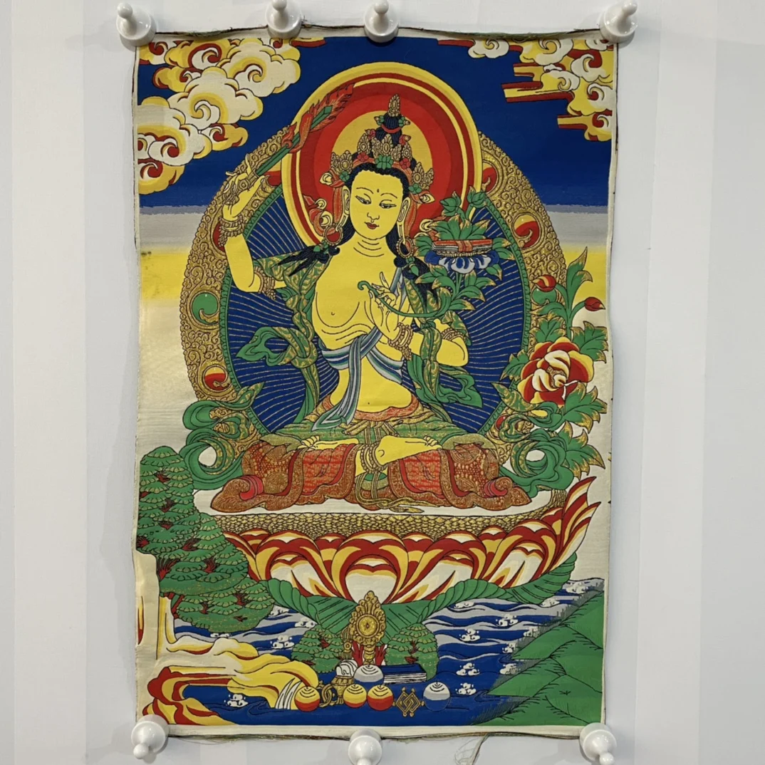 

24" Thangka embroidery Tibetan Buddhism silk brocade high definition Manjushri Goddess of Mercy thangka hanging screen