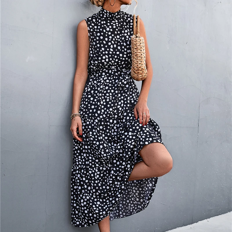 

2022 Summer Woman Dress Midi Round-Neck Polka dot Printed Dress Corset Stylish Ladies Slim High Waist Casual Holiday Dress