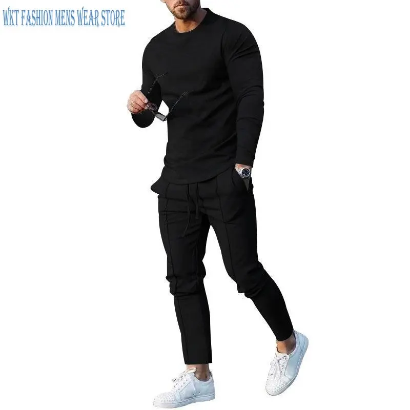 Men's Suits 2022 Spring and Autumn Daily Solid Two-Piece Round Neck Long Sleeve T-shirt Trousers Casual Men Clothing Polyester